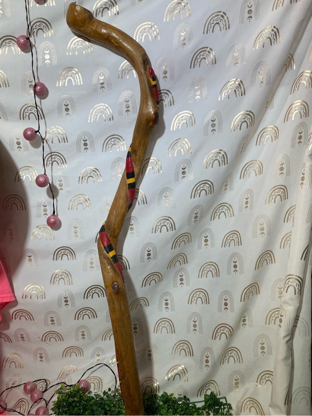 Handcrafted Wooden Walking Stick with Red, Black & Yellow snake Accents